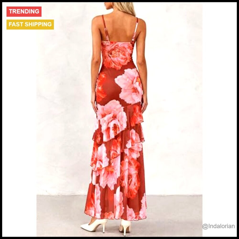 Tiered Floral Maxi Dress Spaghetti Strap Beach Wedding Guest Long Sundress - Picture 2 of 7